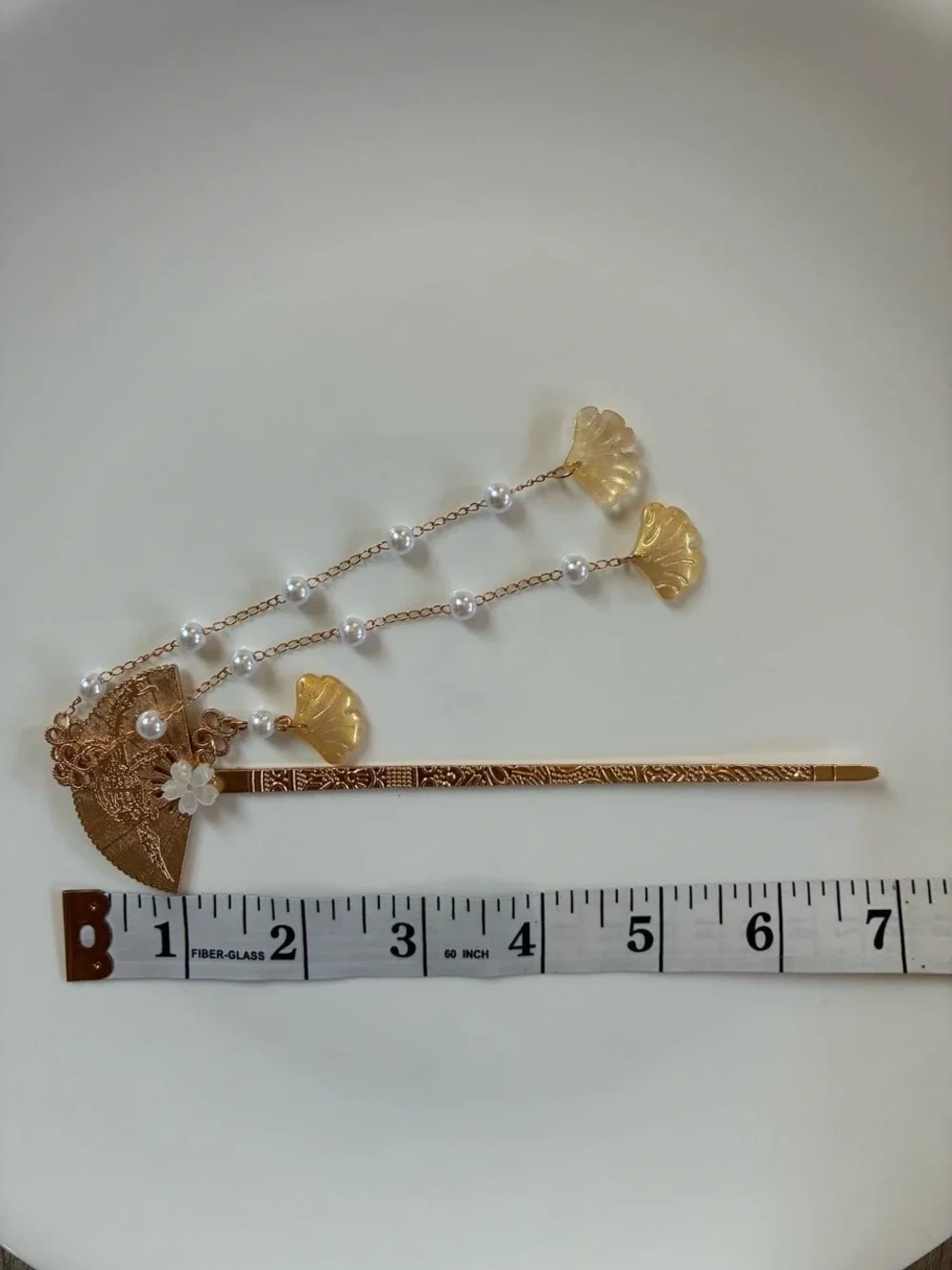 Elegant Gold Fan with Pearl Seashell Floral Tassels Hair Pin -Hair Accessory